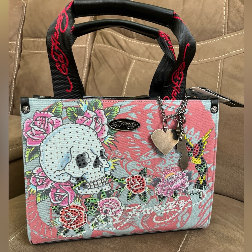 Ed Hardy Womens Denim/Pink Skull Roses Rhinestones Tote Crossbody Bag Charms